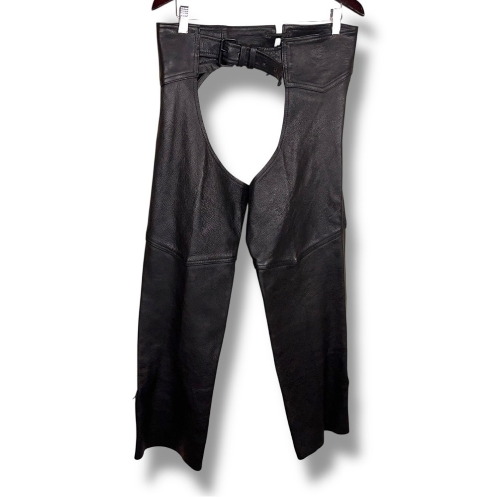 Mens Medium Hot Leathers Black Leather Chaps Biker Adjustable Fit Classic Unisex